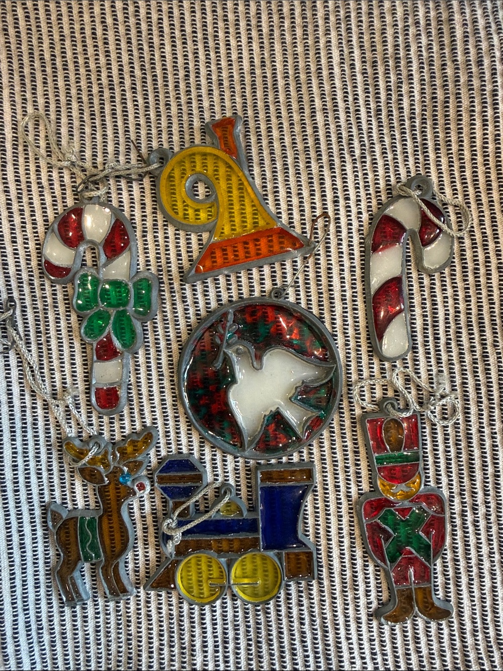 Vintage Faux Stained Glass Plastic Christmas Ornament Suncatcher Lot S7
